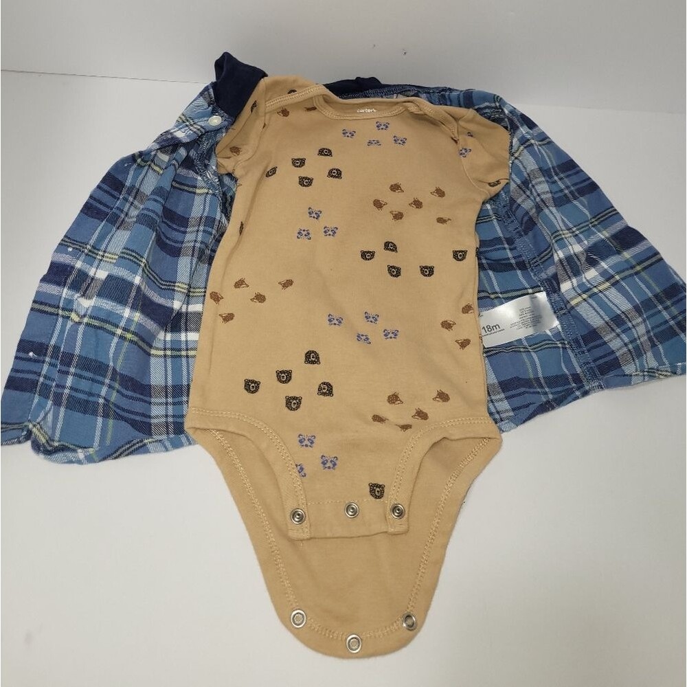 Carter's Size 18 Months Beige Onesie And Blue Plaid Shirt Bundle